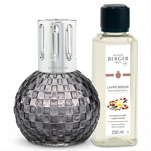 MAISON BERGER Disco-Lampen-Geschenk-Set, rund, katalytischer Raumduft, Diffusor mit 250 ml Nachfüllpackung, geruchsneutralisierende Lampe, hergestellt in Frankreich (Grau – Bernsteinpulver)