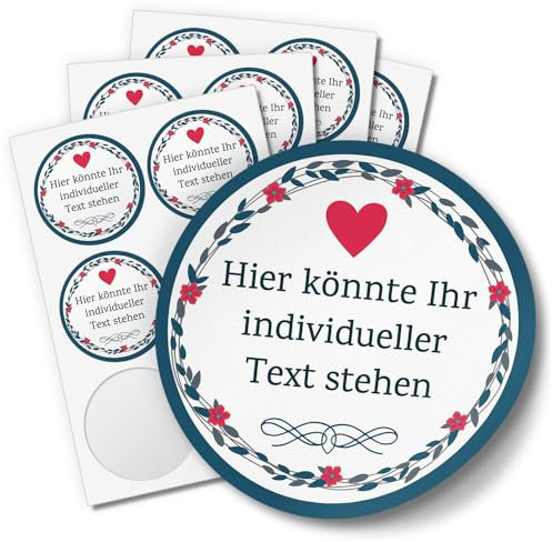 24 INDIVIDUELLE runde Etiketten SELBER GESTALTEN: Motiv Herz rot Blumen-Kranz blau- Personalisierte Aufkleber für Hochzeit, Taufe, Konfirmation, Kommunion, Produkte