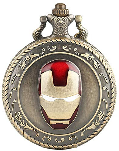 Ddjbdb Cool Super Hero Iron Man 3D Helmet Pocket Watch for Men Gifts Necklace with Chain Pendant Gift Box, Bronze, 1 Count (Pack of 1), Modern