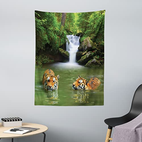 ABAKUHAUS Safari Wandteppich, Sibirische Tiger im Wasser Wasserfall Pool Woodland Schwimmen Natürlich, aus Weiches Mikrofaser Stoff Wand Dekoration Für Schlafzimmer, 110 x 150 cm, Reseda Grün Orange
