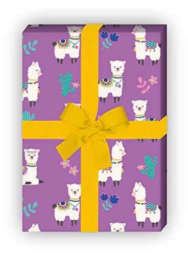 Fröhliches Lama Geschenkpapier mit Kaktus und Lamas für schöne Geschenk Verpackung 32 x 48cm, 4 Bögen zum Einpacken für Geburtstage, Kinder, Teenager, lila
