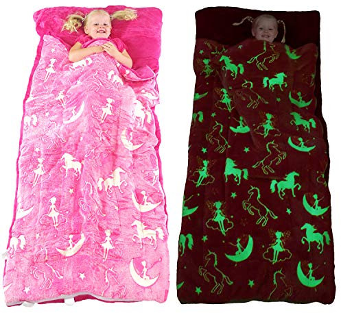 Kinder-Schlafsack mit Kissentasche, Einhorn-Schlafsack für Jungen und Mädchen, leuchtet im Dunkeln, großer und weicher Kleinkind-Schlafsack für Mädchen und Jungen, Plüsch-Schlafmatte, Geschenke zum