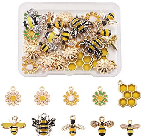 Cheriswelry 28 Stück Bienen- und Gänseblümchen-Anhänger, Emaille, 10 Stile, Honigbiene- und Blumen-Anhänger für Schmuckherstellung, Loch: 1,2 - 2 mm.