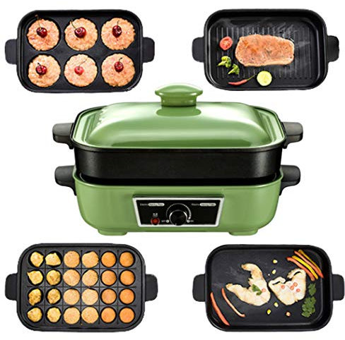 XMZFQ 5 in 1 Multifuction Electric BBQ/Hot Pot/Takoyaki/Frying Pan/Dorayaki Machine, Korean Barbecue Grill, Non-Stick Coating Multi Plate 5-Piece Set,Green