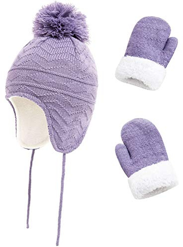 Kids Winter Beanie Hat Mittens Set Warm Fleece Hat Baby Toddler Knitted Hat & Gloves for Boys, Girls