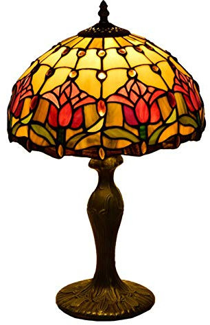 Lampe Tiffany Stil Tischlampe, Schreibtisch Schlafzimmer Lesung Bankierlampe, Nachttisch Akzentlampe, 12 Tulpe Buntglas Kristall Lampenschirm, Rote Gelbe Mission Wohnzimmer Lampe