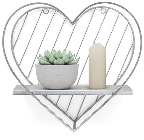 SUMGAR Floating Shelves Grey Metal Wire Wooden Heart Shelf for Wall Mounted Hanging Bathroom Bedroom Kitchen Living Room Office Toilet Storage Picture Plant Display Organiser Unit Small