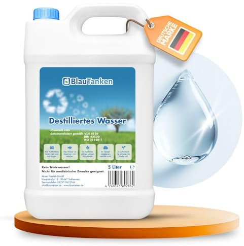 Blautanken 1x Destilliertes Wasser 5l Kanister - Demineralisiertes Wasser gemäß VDE 0510 - Destiliertes Wasser für Auto, Aquarium, Dampfbügeleisen u.v.m. - Distilled Water - Chemisch rein