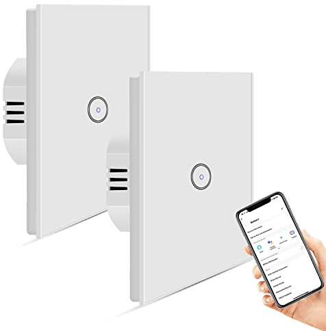 Jinvoo WiFi Smart Light Switch 1 banda 10A 1000W bisogno di filo neutro nessun hub richiesto Funziona con Alexa Google Home Telecomando Timer pianificazione CE REACH certificato Bianco (2 Pack)