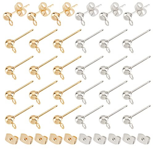 UNICRAFTALE 120Pcs 2 Colori Orecchini A Bottone A Sfera 304 Orecchini in Acciaio Inossidabile Orecchini A Sfera Componenti di Orecchino A Sfera con Anello e Dadi Orecchini Ipoallergenici
