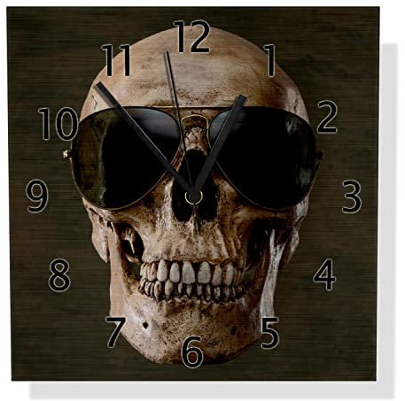 Wallario Design Wanduhr Totenschädel mit Cooler Sonnenbrille aus Aluverbund, Alu-Uhr Größe 30 x 30 cm, Schwarze Zeiger mit Metalloptik