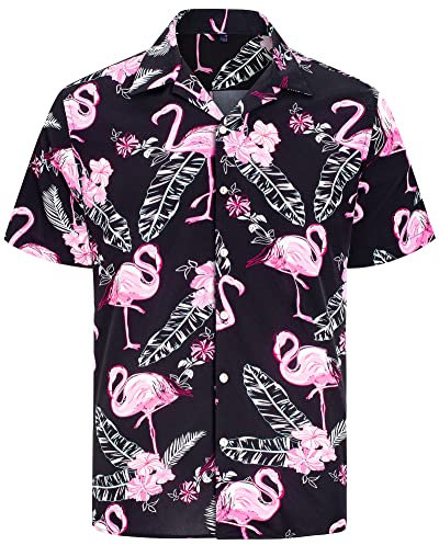 J.VER Hawaiihemd Männer Funky Blumen Flamingo Kurzarmhemd Freizeit Regular Fit Hemden für Urlaub Surfer Urlaub Party Schwarz Flamingo L
