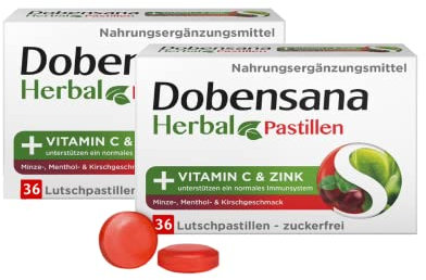 Dobensana Herbal Minze-, Menthol- & Kirschgeschmack - Lutschpastillen mit Vitamin C & Zink zur Unterstützung des Immunsystems - Zuckerfrei - 2 x 36 Stück