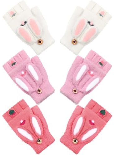3 Paires Gants d'Hiver Patte de Chat Gants à Rabat Chauds Mitaines Convertibles pour Femme(Blanc, Rose Rouge, Rose)