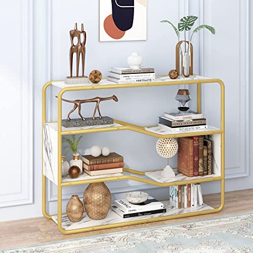 JoliJour Konsolentisch Gold,Dekorative Kunstmarmoroberfläche,Konsolentisch mit Goldenem Metallrahmen Flurtisch Dekotisch Sideboard Beistelltisch,4 Etagen Eingangstisch,Konsolentische,100 * 30 * 78cm