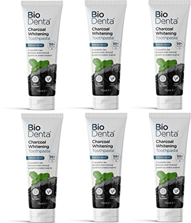 BioDenta Charcoal Whitening Toothpaste - Activated White Charcoal - 75 ml - (Pack of 6) - 98% Natural Vegan, Vegetarian and Halal Friendly. Free from SLS, PEG & Parabens - Pack of 6