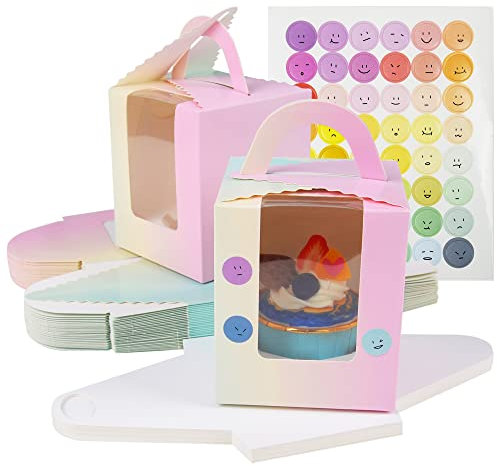 KEYIDO 30 Pcs Individual Cupcake Boxes Gradient Single Cupcake Boxes 1 Hole Cake Box with Clear Window Inserts and 2 Sheets of Stickers for Wedding Birthday Party Favors
