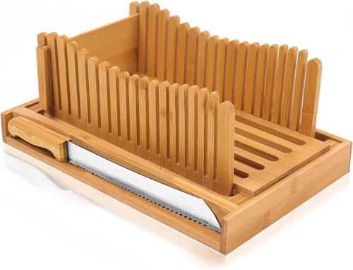 PURENJOY Bamboo Bread Slicer with Knife, Adjustable Thickness Guide, Multi-Functional for Various Bread Types