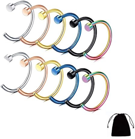 AWAVM 12 PCS Fake Nose Rings Stainless Steel Faux Clip On Hoops Earrings Nose Ring Hoop 8mm Fake Septum Steel Nose Piercing Jewellery Nose Ring Stud Set small nose ring For Women Men