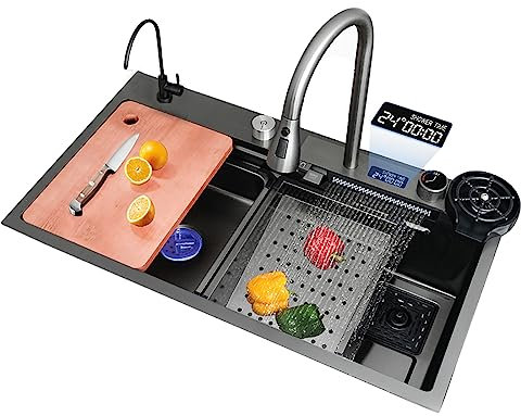 JSLJDM Évier Cuisine Gris Foncé INOX Avec Robinet Douchette Extractible Évier De Cuisine Multifonction Grand 1 Bac Avec Siphon et LED Affichage de la Température (80 x 45 cm) 80 * 46 * 21cmB Black