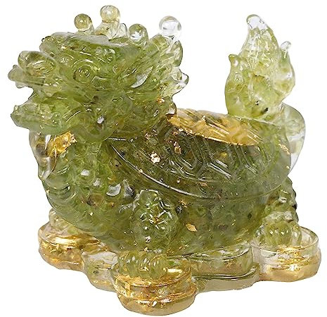 KYEYGWO Peridot Kristall Drachen-Schildkröte Figur Deko, Harz Chinesischer Drache Stein Statue Reichtum Goldmünze Skulptur Feng Shui Wohlstand Ornament Glück Sammlerfigur für Haus Büro
