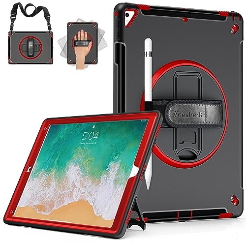 Miesherk Hülle für iPad Pro 12.9 2./1. Generation 2017/2015: Militärische Stoßfeste Schutzhülle Case Cover für iPad Pro 12.9 Zoll-Stifthalter-360° Drehbare Ständer-Handschlaufe-Schultergurt-Rot