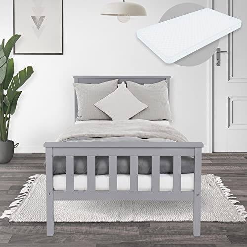 ML-Design Holzbett 90x200 cm Hellgrau mit Matratze H:16cm, Kiefernholz, Massivholz Bettgestell mit Lattenrost, Füße, Einzelbett mit Kopf- und Fußteil, Bett für Kinder/Erwachsene, Kinderbett Jugendbett
