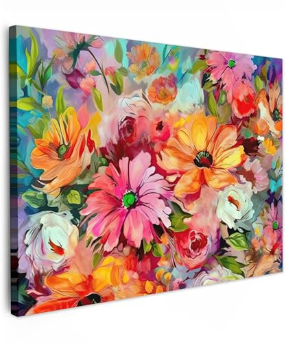 MuchoWow© Leinwand Bilder 40x30 cm Wanddeko Wohnzimmer Aesthetic Room Decor Deko Zimmer Wandbilder Modern Fotogeschenke Kunstdruck - Blumen - Bunt - Kunst - Ölfarbe