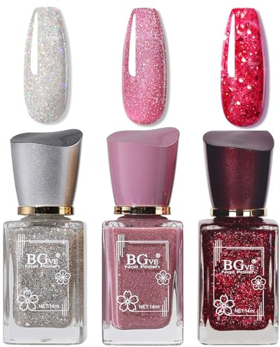 Glitter Nail Polish Set - Sliver Pink Red Nail Varnish Set - 3Pcs Sparkly Shinny Natural Look Quick Dry Nail Varnish Gift Set DIY Long Lasting