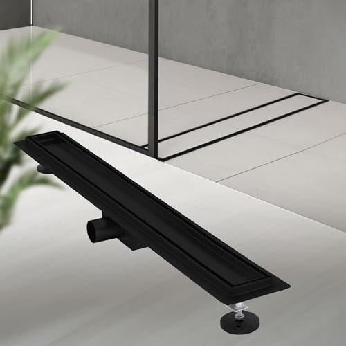 LuxeBath Duschrinne 80 cm 2in1, befliesbar, extra flach, Edelstahl, Schwarz, Doppelseitige Bodenablauf, Komplettset Bodenbefestigung, Duschablauf, Siphon mit Geruchsstop, Haarsieb, Ablaufrinne Dusche