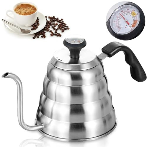 Schwanenhals Wasserkocher, 1200ml / 40oz Edelstahl Wasserkessel Kaffeekanne Wasserkocher Schwanenhals mit Thermometer für alle Herdtypen, Langlebig und Einfach zu Reinigen