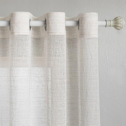 MYSKY HOME Gardinen mit Ösen Vorhang Boho Vorhänge Halbtransparent Gardine Leinenoptik Falte Voile Ösenschal Dekoschal für Wohnzimmer Schlafzimmer, 2 Stücke H 245 x B 140 cm, Beige.