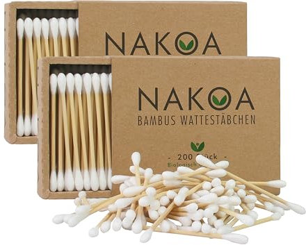 NAKOA Wattestäbchen aus Bambus und Baumwolle, 2er Pack (400 Stück) nachhaltig & umweltfreundlich