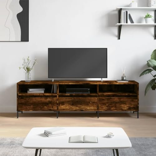 TJROO Mobile TV in Rovere Fumo 150x30x44,5cm - Mobile Basso con Ante Vetrina, Legno Multistrato y Ferro, Consolle per Televisione