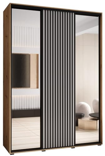 MEBLE KRYSPOL Lanko 2 Schrank mit DREI Schiebetüren mit Spiegel, Stange, Regalen - Moderner Aufbewahrungsschrank für Schlafzimmer, Wohnzimmer - 235,2x170x45 cm - Artisan Weiß Schwarz
