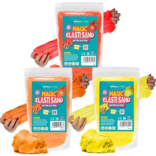 Rainbow Eco Play Magic Elasti Sand 3 x 1kg Stretchy Sensory Soft Sand | Soft, stretchy, tactile sand that flows like slime without the sticky mess for hours of sensory play. 100% safe and non-toxic