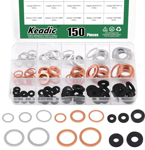 Keadic 150Pcs 15 Größen metrische Ölablassschraube Crush Unterlegscheibe Sortiment Set, Kupfer & Gummi & Aluminium Flachdichtung Dichtung für Autos Track und Motorrad, M10 M12 M14 M16 M18