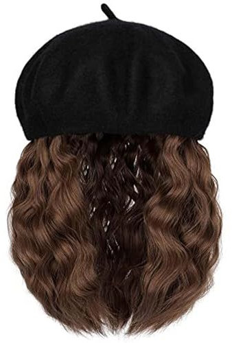 YEKEYI Perücke Hut Wolle Berets Extensions dehnbar feste Mütze mit Haar Curly Bob Synthetik Haarteil befestigt