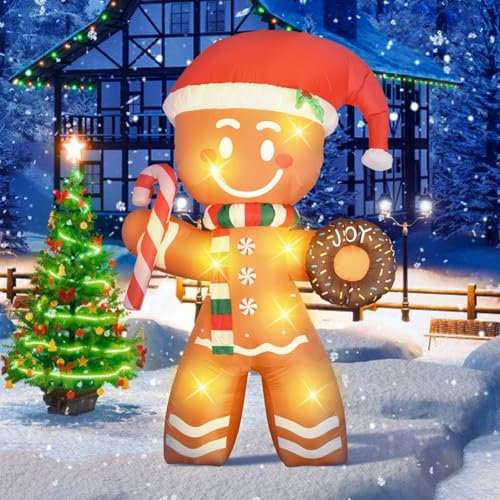 Weihnachtsdeko Aufblasbare Lebkuchenmann Outdoor Dekorationen - 8ft Lebkuchen Schneemann mit Zuckerstangen - LED Beleuchtet Christmas Decorations für Außen Innen Garden Rasen Hof