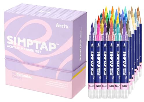 Arrtx Acrylic Markers,Simptap Series,Strong Coverage,Brush Tip Acrylic Paint Markers for Rock Painting,DIY Craft,Wood,Glass-36Color/Pack