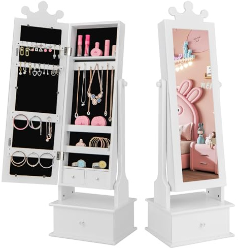 GOPLUS 2 in 1 Kinder Schmuckschrank, Kosmetikschrank mit Ganzkörperspiegel, 3 Schubladen, 6 Armbänderhaken, 4 Halskette, 4 Ablagefächer & 18 Ohrringschlitze, für Kinder ab 3 Jahren (Weiß, Kronen)