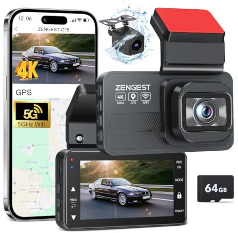 4K Dual Dash Cam Front and Rear, Wi-Fi GPS, 3 Inches IPS Touch Screen, Included 64GB Card, Car Camera Driving Recorder with Night Vision, 170°Wide Angle, 24H Parking Mode (C15-Dashcam-EU)
