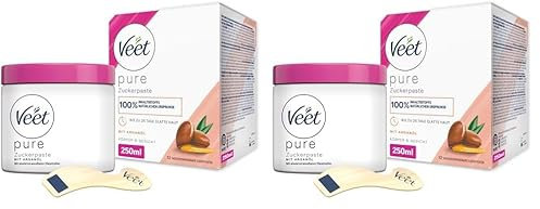Veet Pure Zuckerpaste mit Arganöl - Sugaring Paste für die Haarentfernung an Körper & Gesicht - 1 x 250 ml inkl. Holzspatel & Stoffstreifen (Packung mit 2)