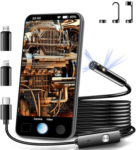 [Dual Lens] Endoskop-Inspektionskamera von Aurtec, Dual-HD-Objektiv, IP68 wasserdicht, 3,5 m halbstarres Kabel, Boreskopkamera mit LED-Lichtern, kompatibel mit Android- und iOS-Geräten