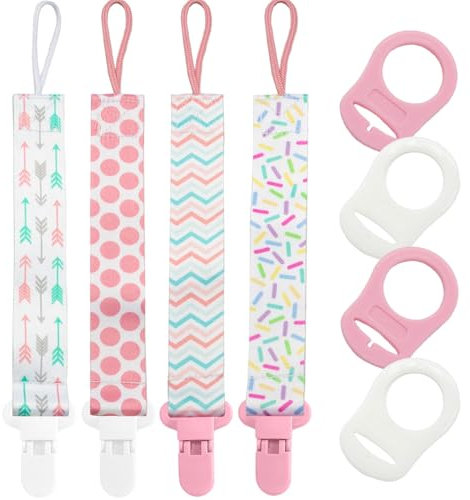 4 Pack Dummy Clips Girls, 4pcs Baby Pacifier Holder with 4pcs Silicone Pacifier Adapters, Universal Soother Chain for Baby Girls Boys Newborn (Color01)