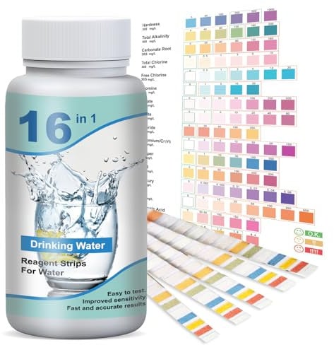 50 Pieza Tiras de Prueba de Agua, 16 en 1 Prueba de Agua de Piscina, Tiras de Analisis de Agua, Análisis de Dureza Total, pH Prueba, Alcalinidad, Dureza Total, Medidor Cloro Libre, Acido Cianurico