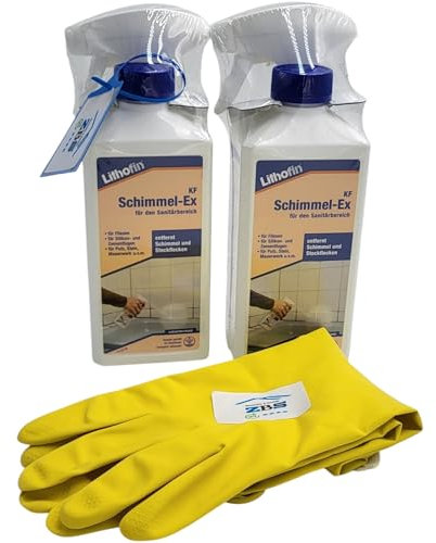 zbs24 Lithofin KF Schimmel-Ex 500ml, entfernt schwarze Stockflecken, Schimmel, Pilze, Algen, für Fliesen, Fugen, Putz und Mauerwerk, inkl. Latex Handschuhe Gr. 8 (2 x 500ml)