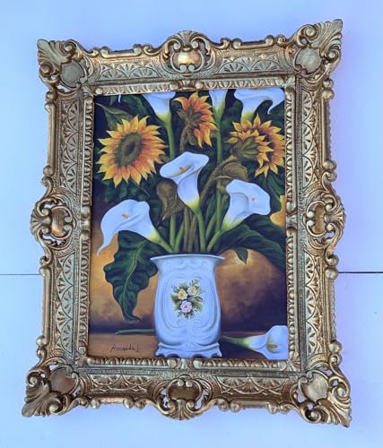 Gerahmte Gemälde Blumen Bilder 56x46 Sonnenblumen Calla mit Vase Bild Rahmen