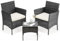 Sweetcrispy Terrassenmöbel-Set, 3-teilig, Outdoor-Möbel mit weichem Kissen und Glastisch, Allwetter, manuelles Weben, Rattan, Terrassenstühle für Garten, Terrasse, Veranda, Rasen, Schwarz