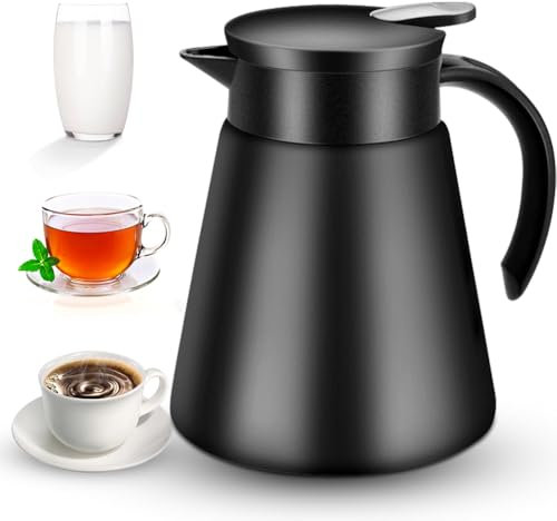 Thermoskanne 800ml, 304 Edelstahl Kaffeekanne thermo Isolierkanne, Doppelwand Vakuum Isolierte Kaffee Topf Thermos, Teekanne, Schwarz